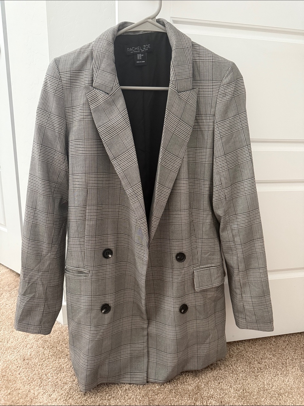 Rachel Zoe Black and Gray Glen Plaid Double-Breasted Blazer